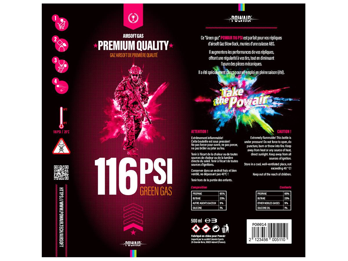Powair Gaz Airsoft 116 PSI 500 ml – 1 % silicone